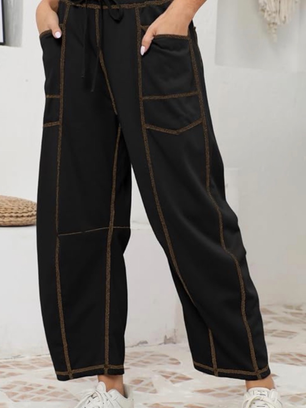 Amazon Black Wide-Leg Joggers with Brown Contrast Stitch